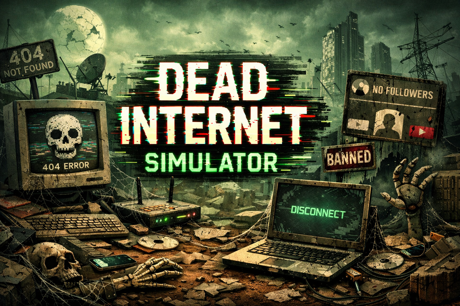 Dead Internet Simulator - post-apocalyptic digital wasteland with broken monitors and 404 errors