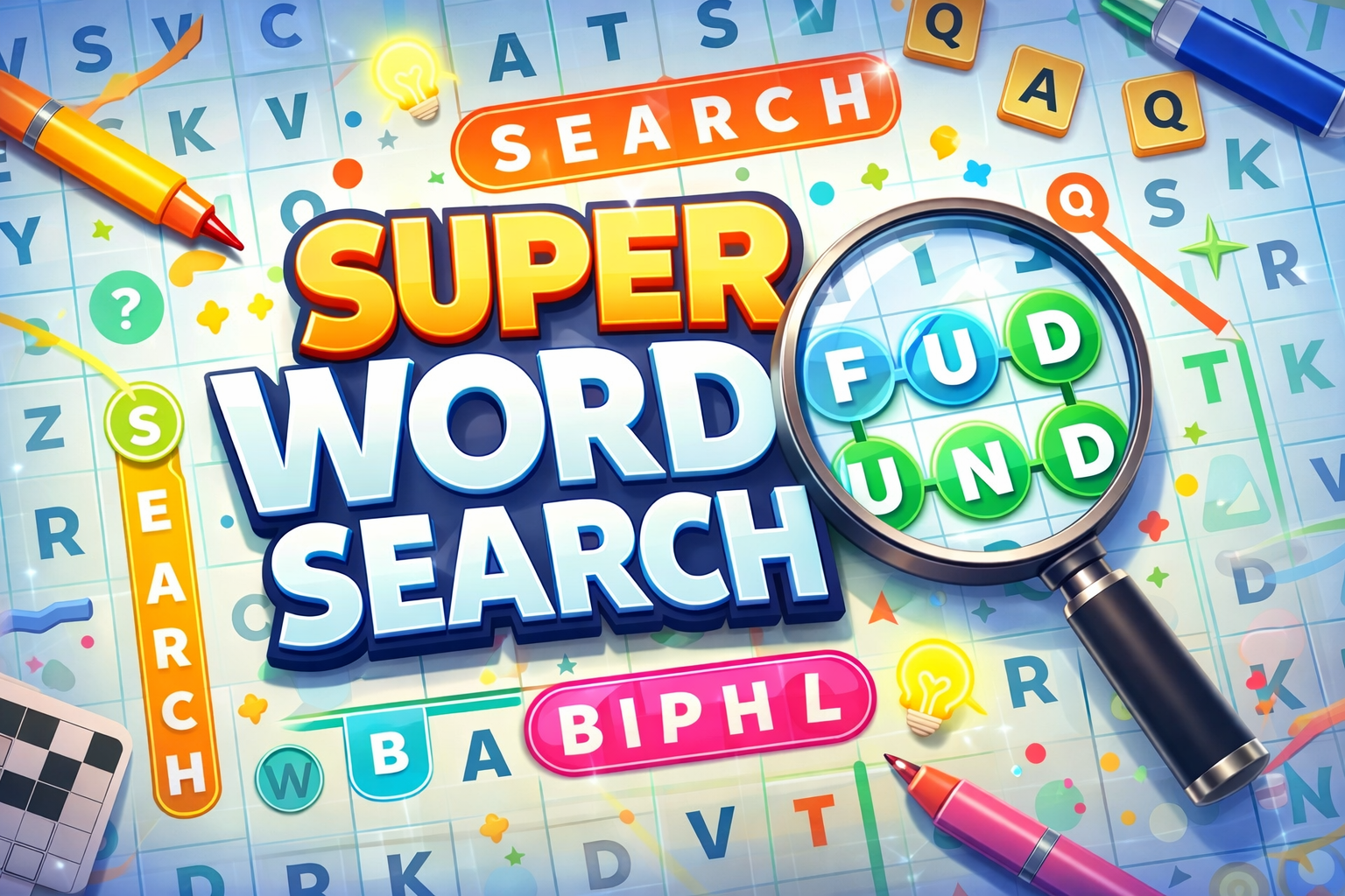 Super Word Search - colorful word puzzle game interface with magnifying glass and letters